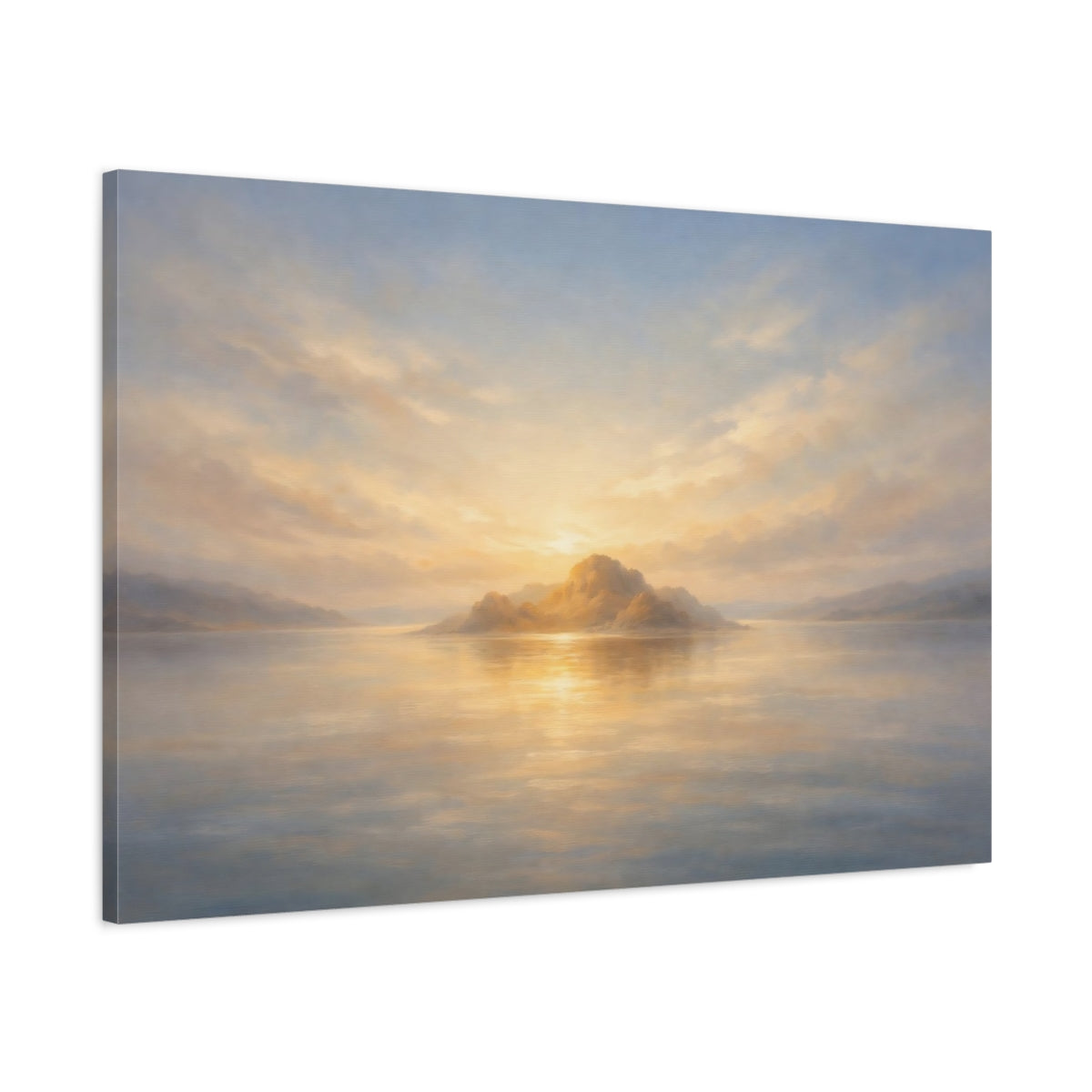 Side Mockup 1. Nature Island Sunset Golden Horizon shown as stretched canvas wall art