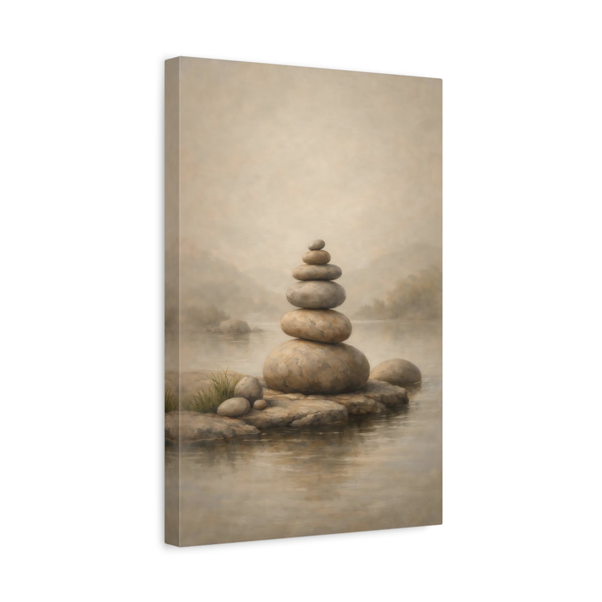 Side Mockup 4. Japandi Pale Stone Balanced Composition shown as stretched canvas wall art
