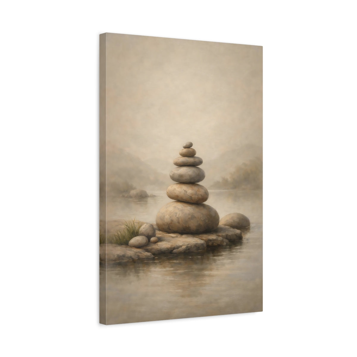 Side Mockup 3. Japandi Pale Stone Balanced Composition shown as stretched canvas wall art