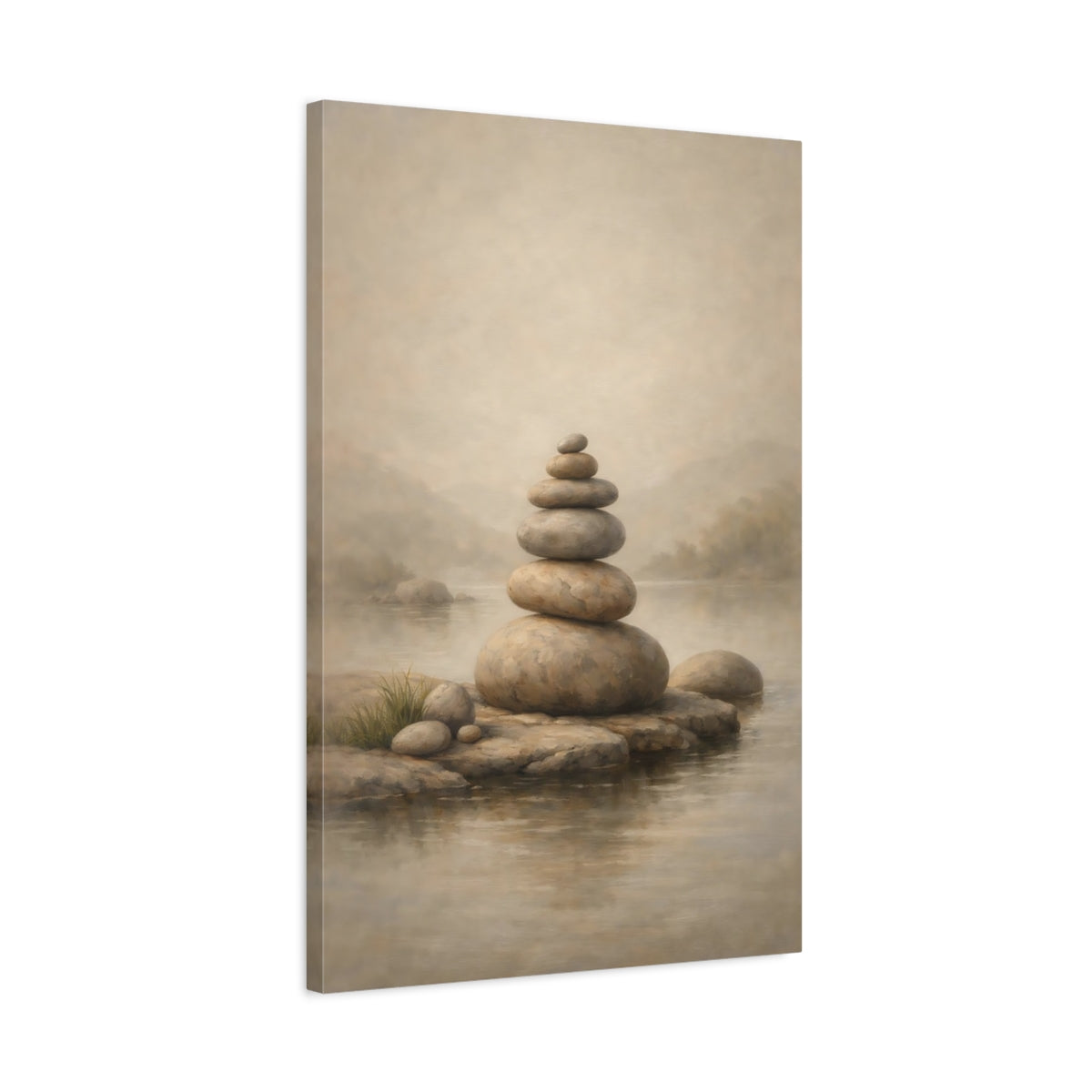Side Mockup 2. Japandi Pale Stone Balanced Composition shown as stretched canvas wall art