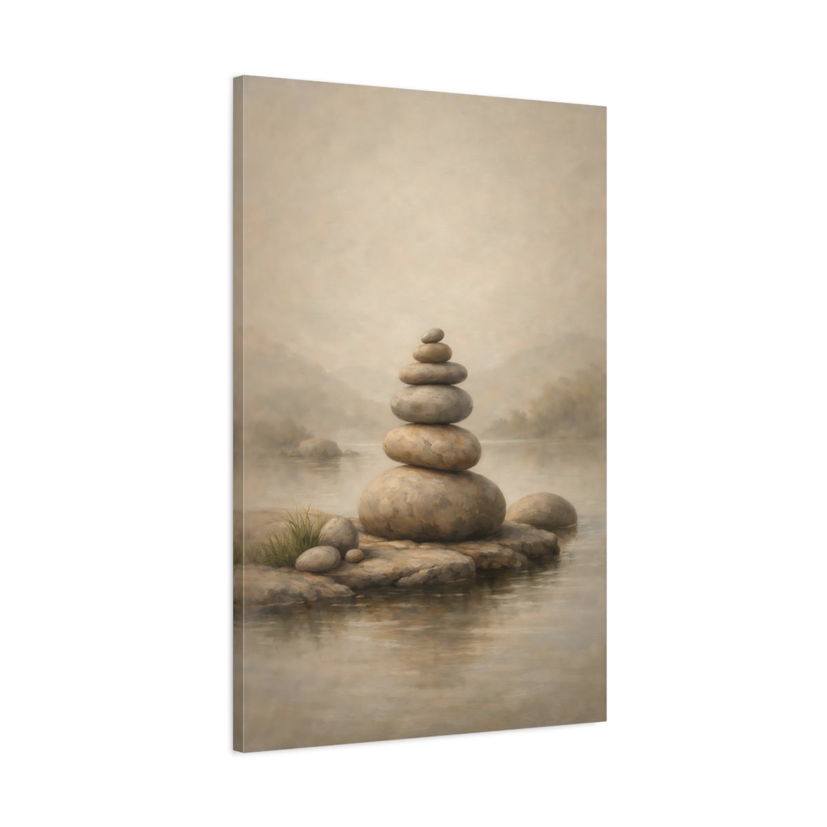 Side Mockup 1. Japandi Pale Stone Balanced Composition shown as stretched canvas wall art