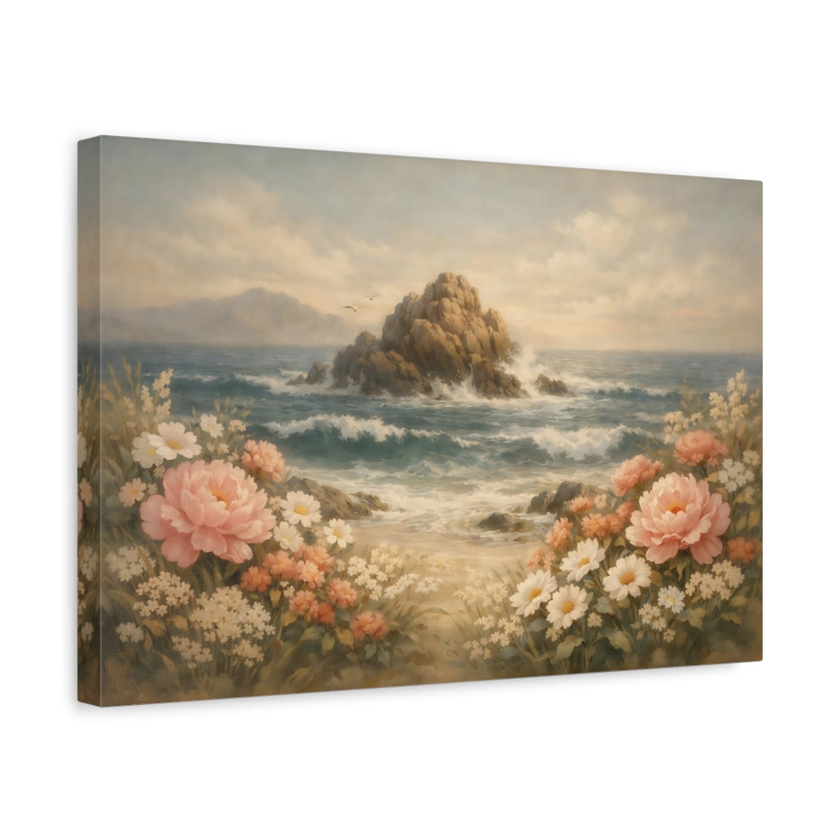 Vintage Ocean Flowers Coastal Landscape Floral - Canvas Wall Art Print