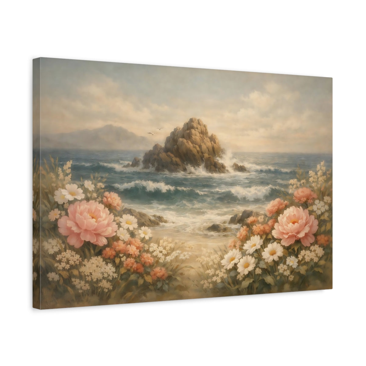 Vintage Ocean Flowers Coastal Landscape Floral - Canvas Wall Art Print