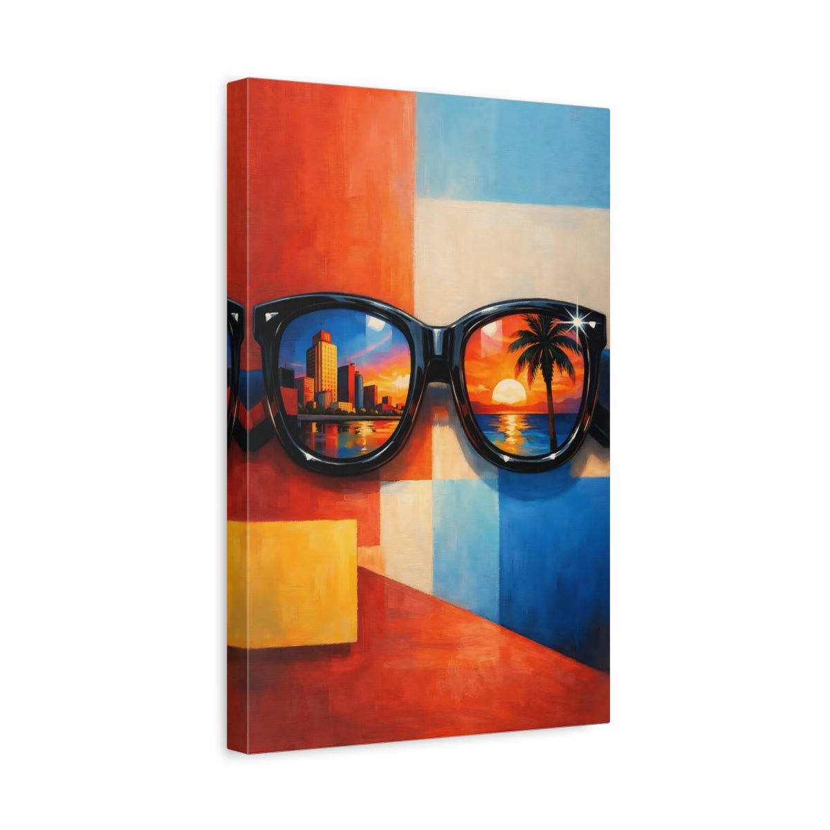 Side Mockup 4. Abstract Sunglasses Colorful Reflections shown as stretched canvas wall art