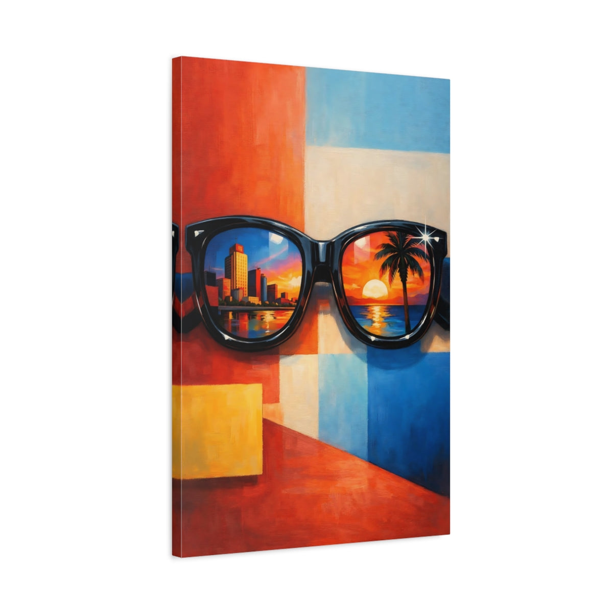 Side Mockup 2. Abstract Sunglasses Colorful Reflections shown as stretched canvas wall art