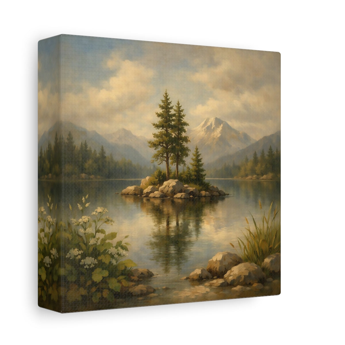 Side Mockup 1. Nature Lake Island Green Blue Landscape shown as stretched canvas wall art