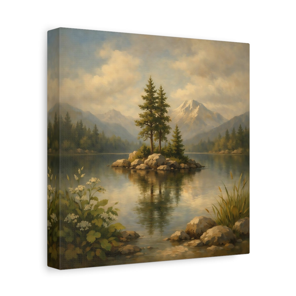 Side Mockup 9. Nature Lake Island Green Blue Landscape shown as stretched canvas wall art
