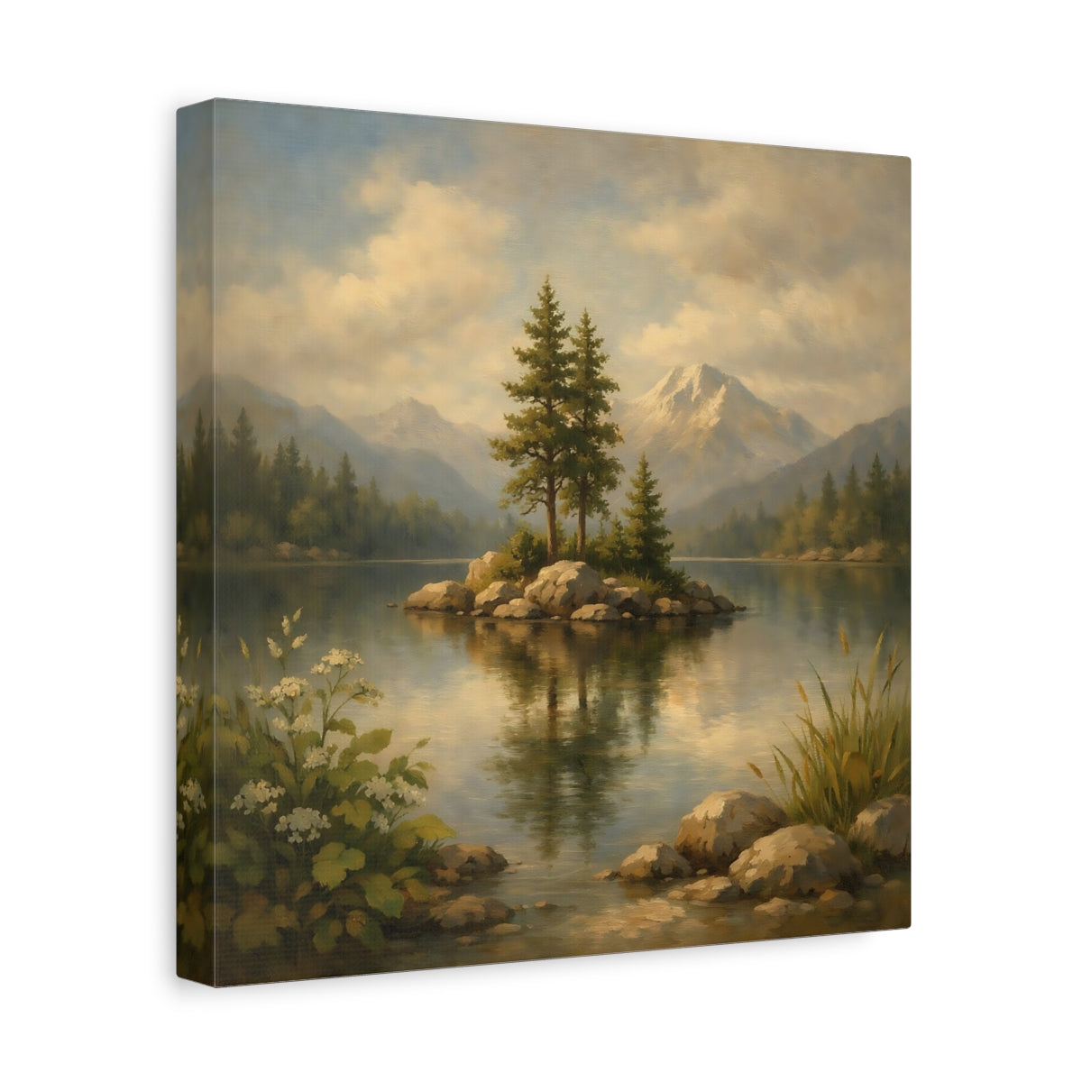 Side Mockup 8. Nature Lake Island Green Blue Landscape shown as stretched canvas wall art