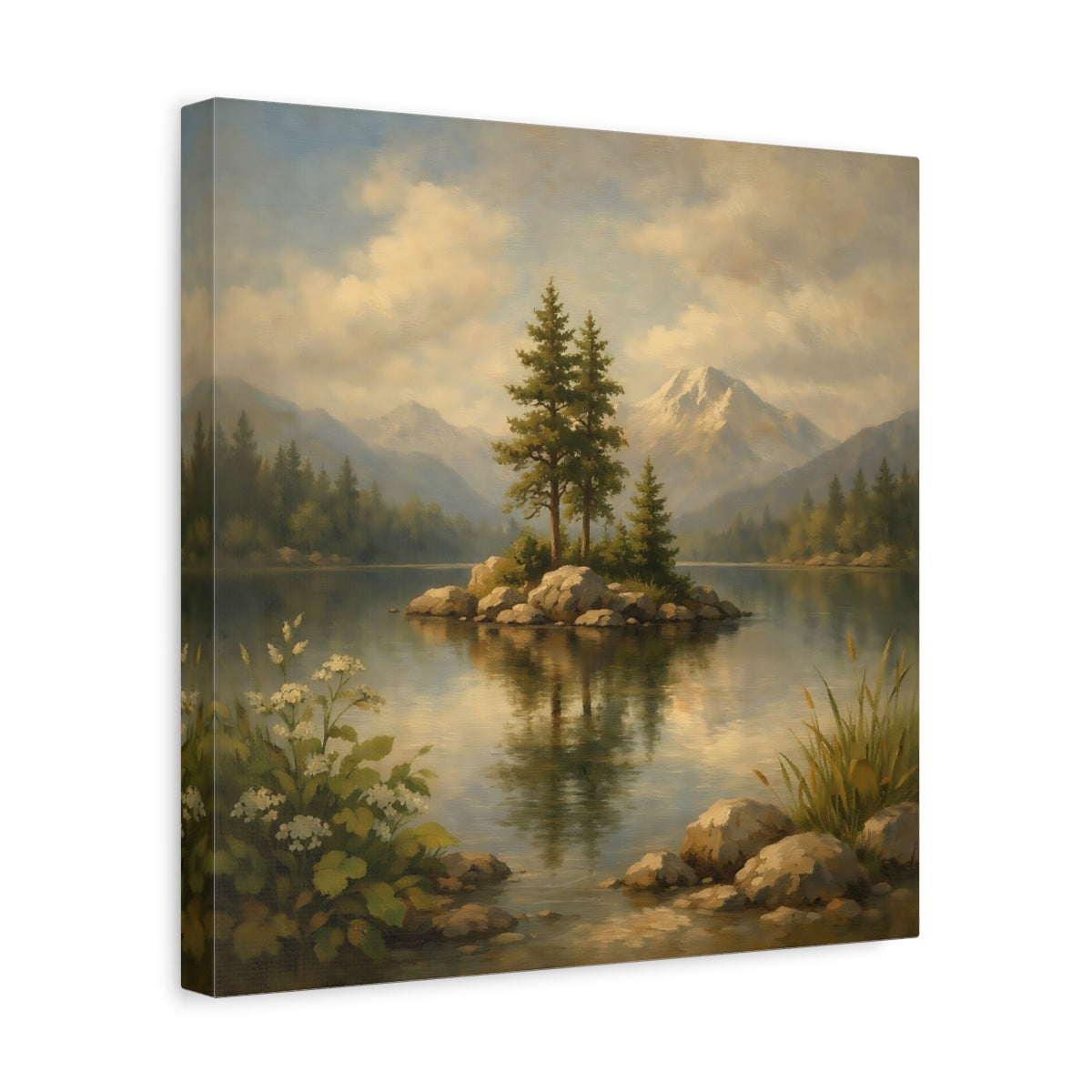 Side Mockup 7. Nature Lake Island Green Blue Landscape shown as stretched canvas wall art