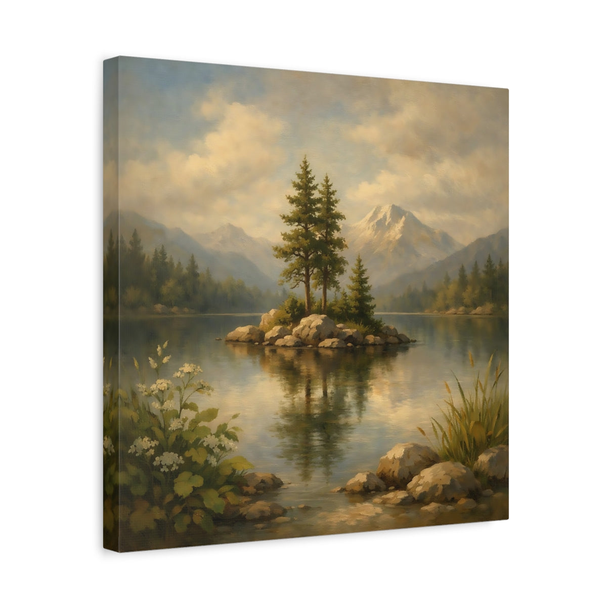 Side Mockup 6. Nature Lake Island Green Blue Landscape shown as stretched canvas wall art