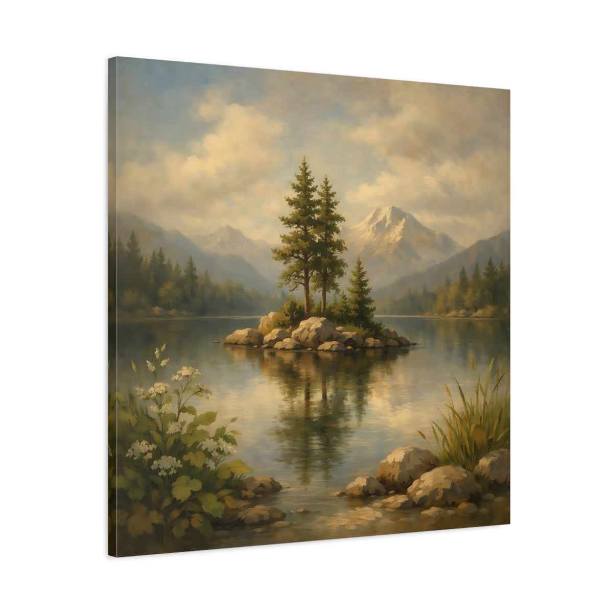 Side Mockup 3. Nature Lake Island Green Blue Landscape shown as stretched canvas wall art
