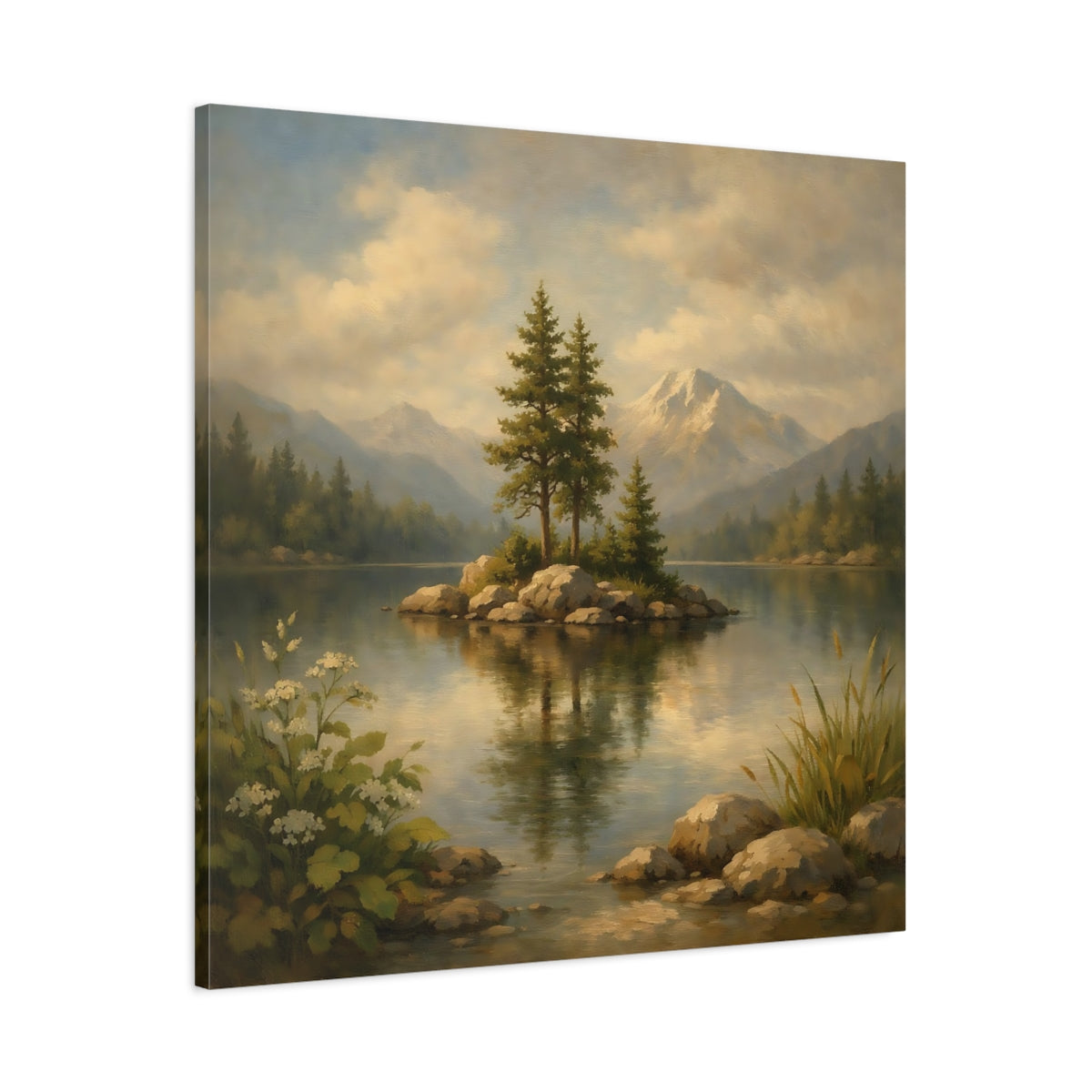 Side Mockup 2. Nature Lake Island Green Blue Landscape shown as stretched canvas wall art