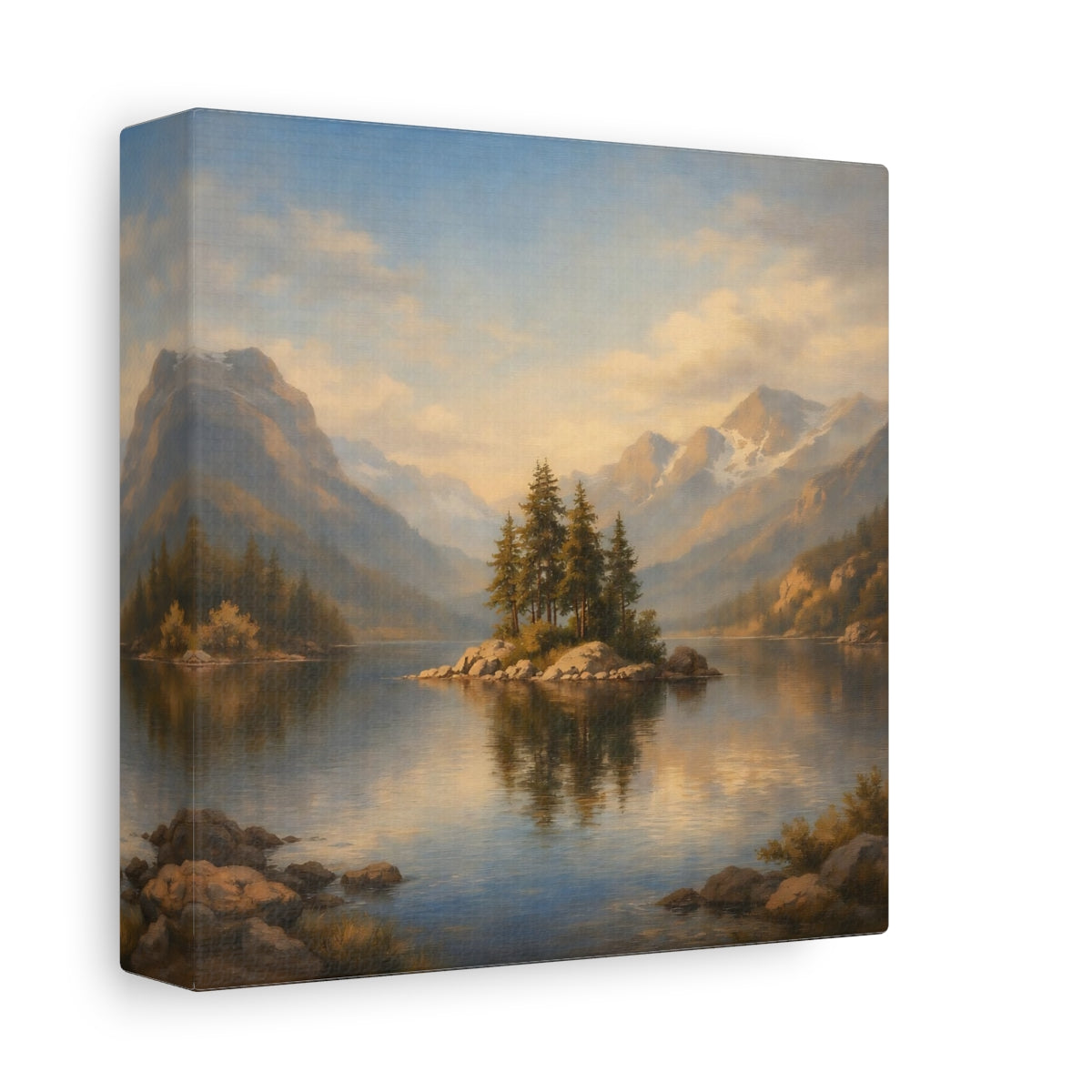 Side Mockup 1. Nature Pine Island Blue Gold Landscape shown as stretched canvas wall art