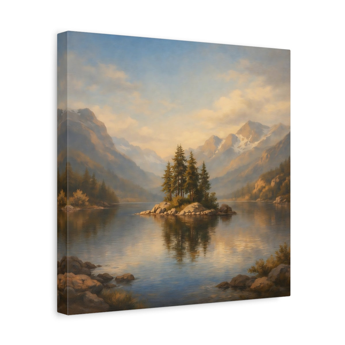 Side Mockup 7. Nature Pine Island Blue Gold Landscape shown as stretched canvas wall art