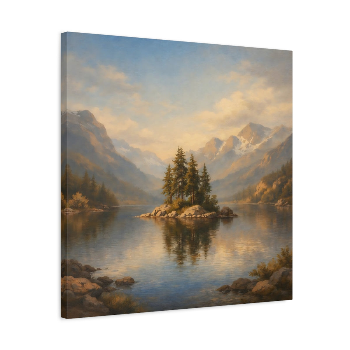 Side Mockup 4. Nature Pine Island Blue Gold Landscape shown as stretched canvas wall art