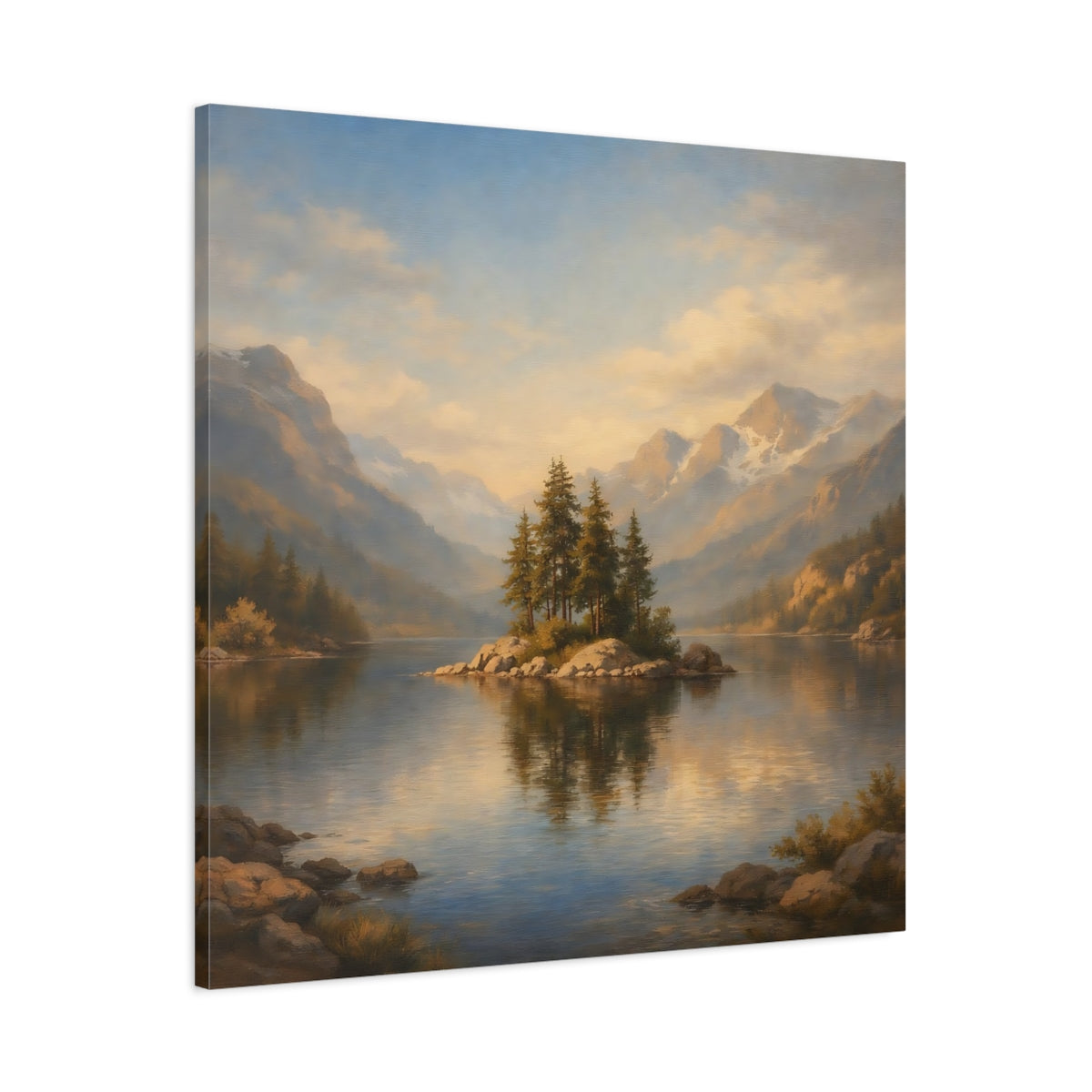 Side Mockup 2. Nature Pine Island Blue Gold Landscape shown as stretched canvas wall art