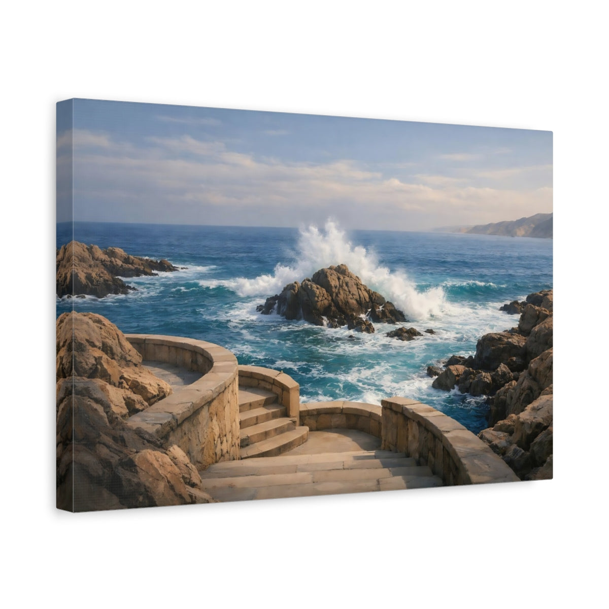Seascape Coastal Steps Ocean Waves Nature - Canvas Wall Art Print