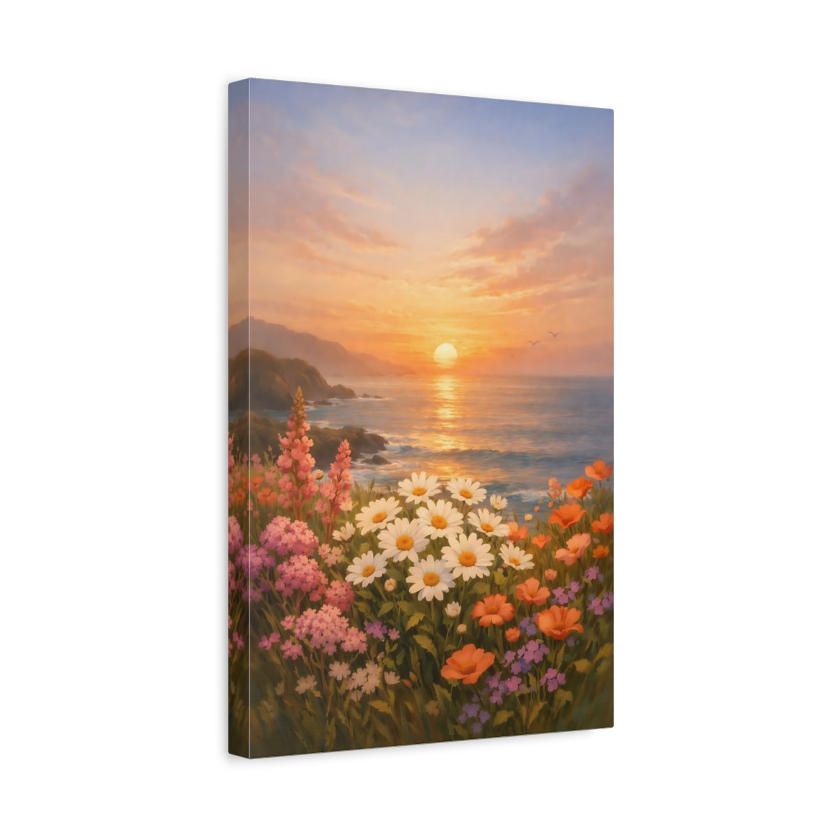 Side Mockup 4. Nature Wildflowers Sunset Floral Coast shown as stretched canvas wall art
