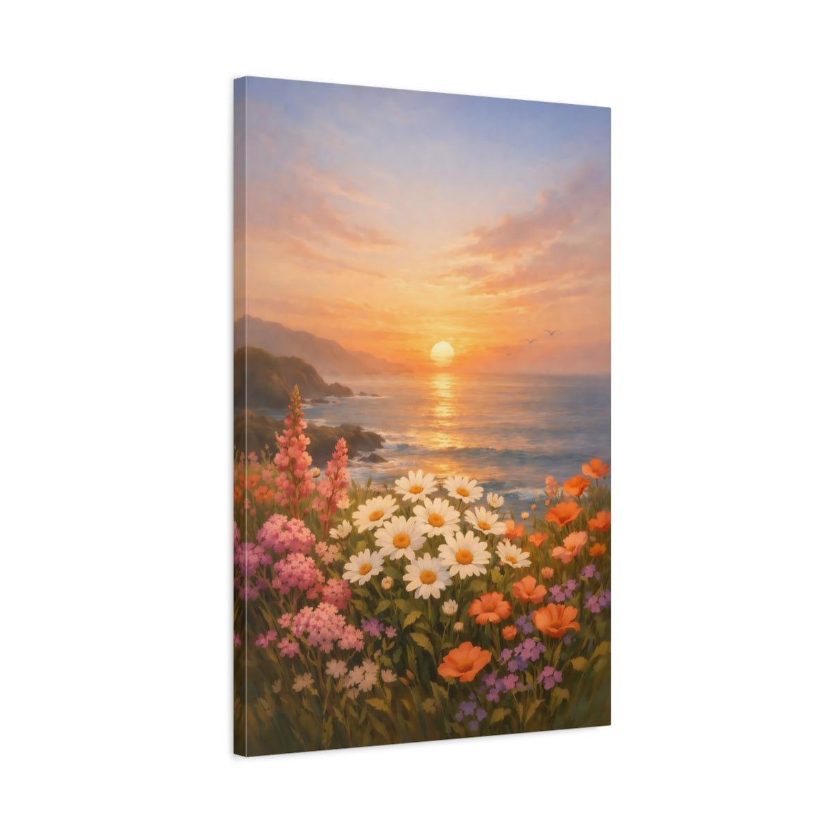 Side Mockup 2. Nature Wildflowers Sunset Floral Coast shown as stretched canvas wall art