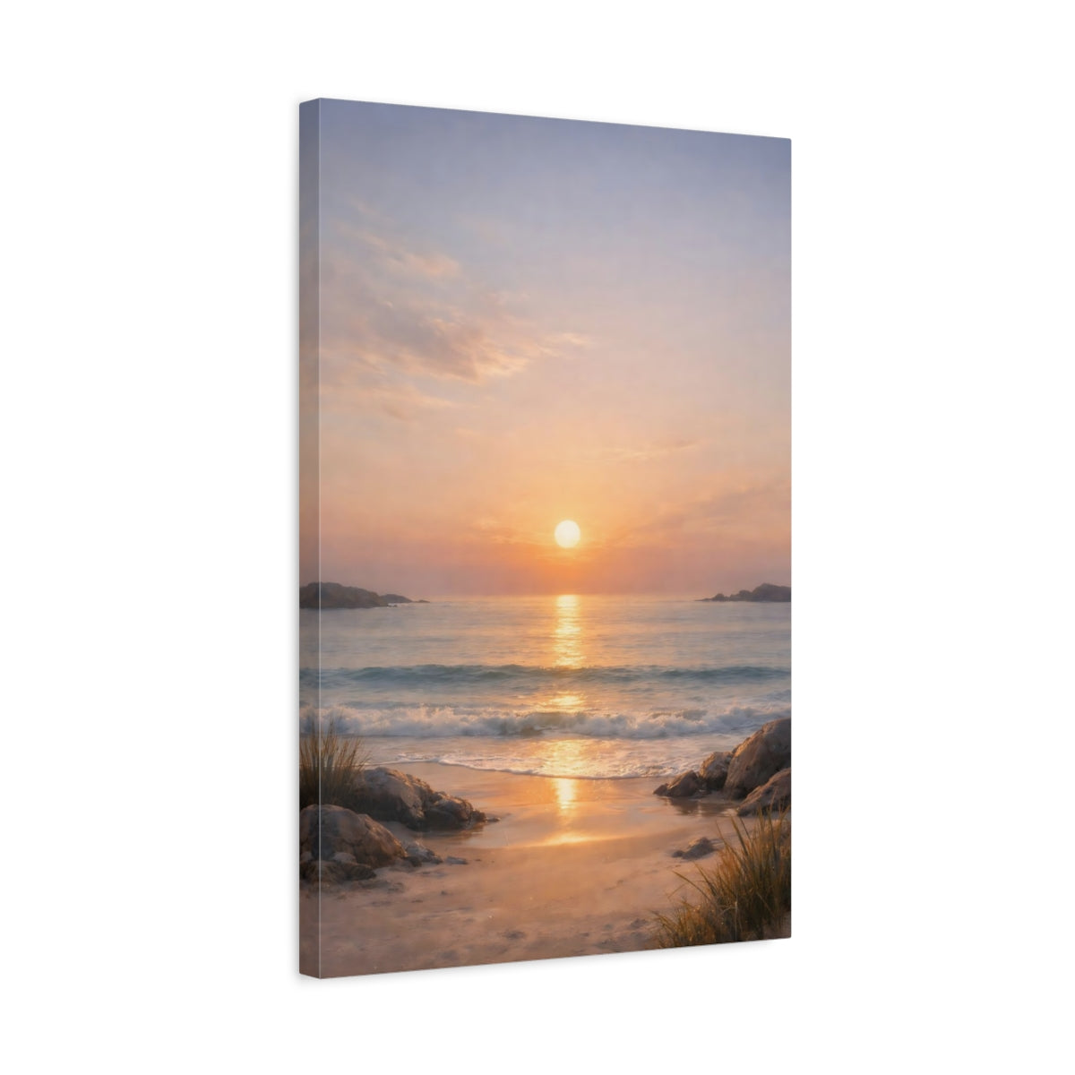 Side Mockup 3. Nature Ocean Sunset Beach Sunset shown as stretched canvas wall art