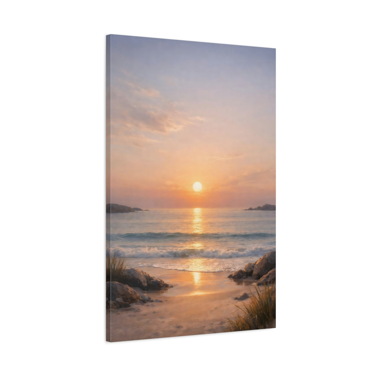 Side Mockup 1. Nature Ocean Sunset Beach Sunset shown as stretched canvas wall art