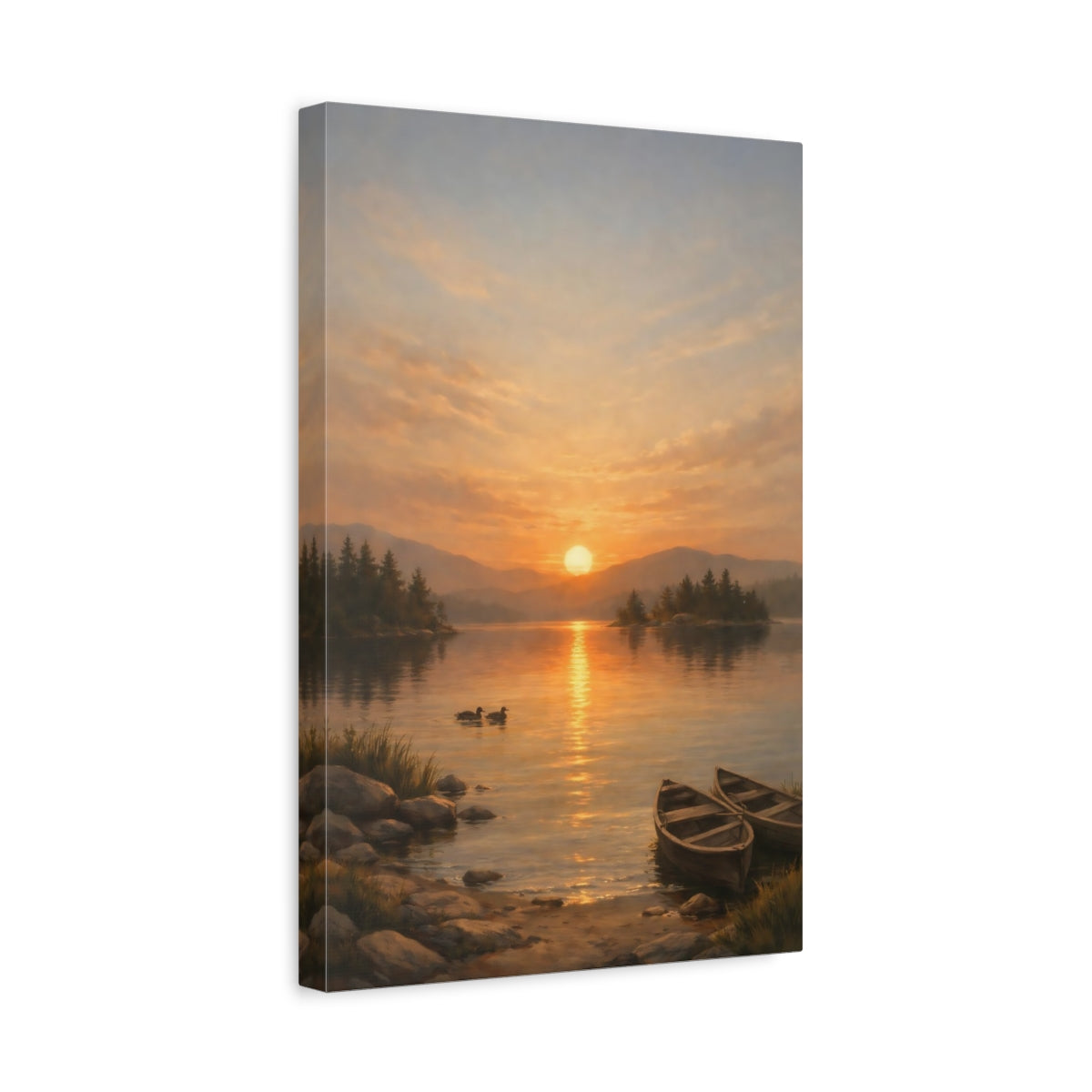 Side Mockup 4. Nature Sunset Lake Orange Sunset Lake shown as stretched canvas wall art