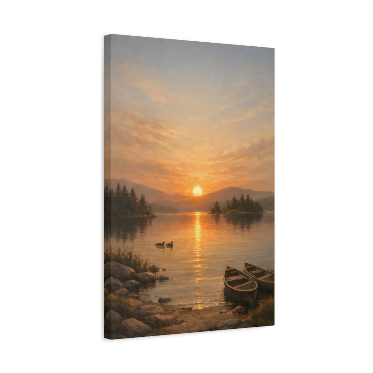 Side Mockup 3. Nature Sunset Lake Orange Sunset Lake shown as stretched canvas wall art