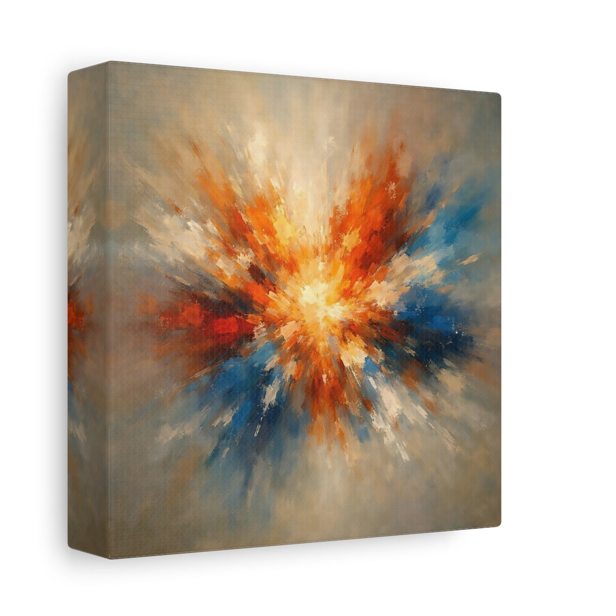 Side Mockup 1. Abstract Color Explosion Orange And Blue Explosion shown as stretched canvas wall art