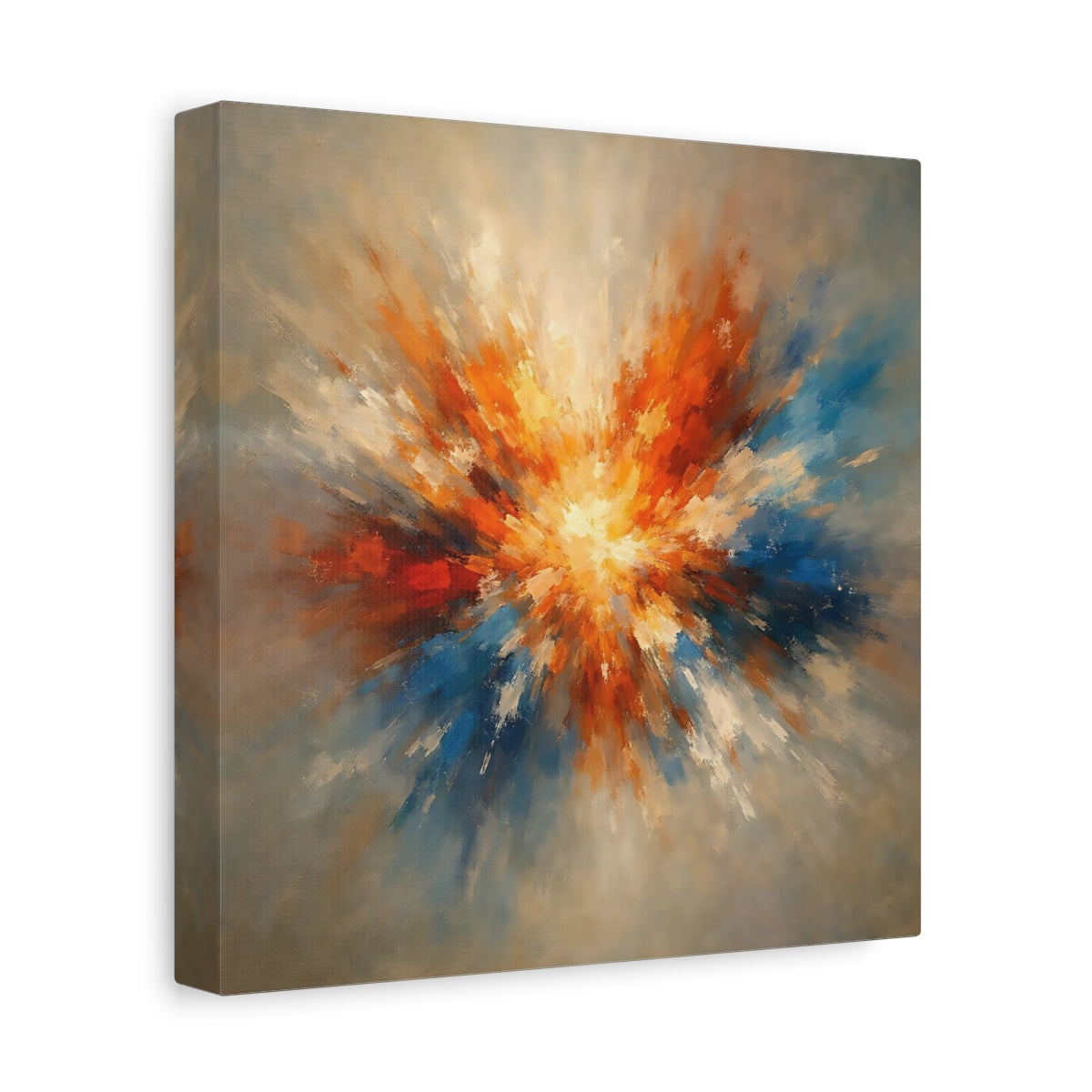 Side Mockup 9. Abstract Color Explosion Orange And Blue Explosion shown as stretched canvas wall art