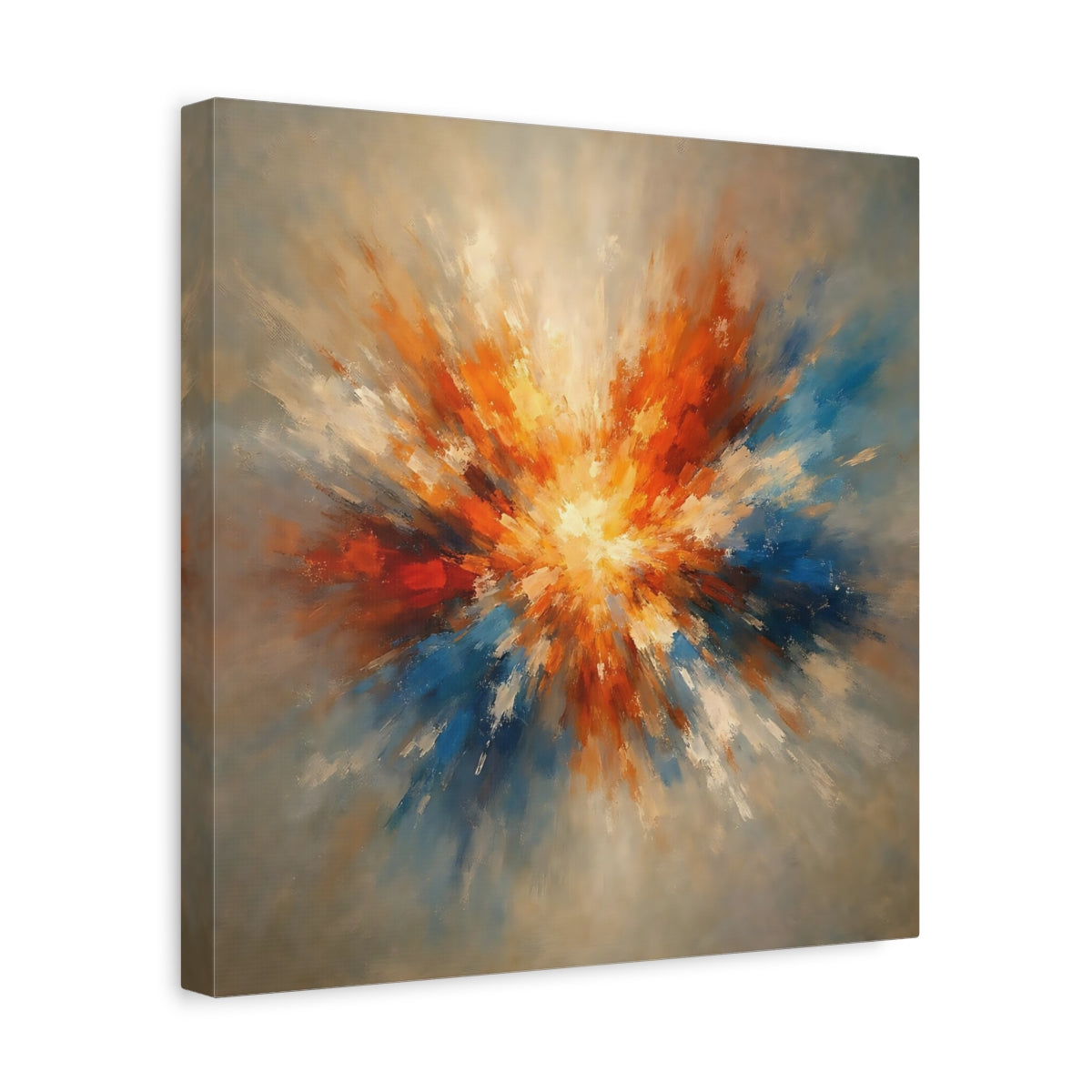Side Mockup 7. Abstract Color Explosion Orange And Blue Explosion shown as stretched canvas wall art
