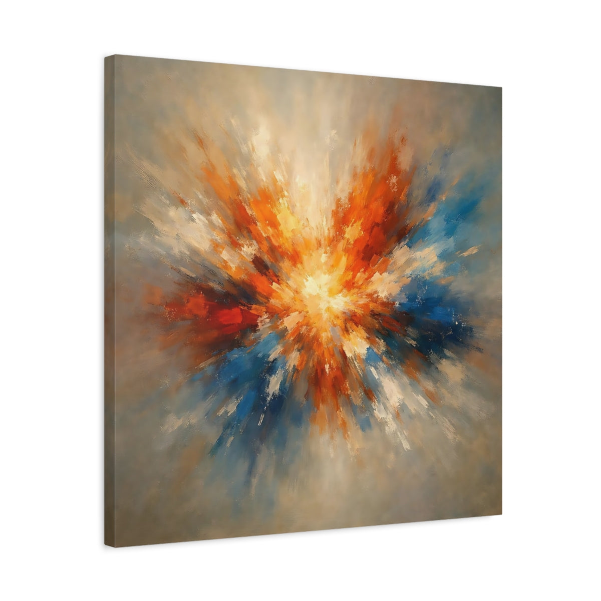 Side Mockup 4. Abstract Color Explosion Orange And Blue Explosion shown as stretched canvas wall art