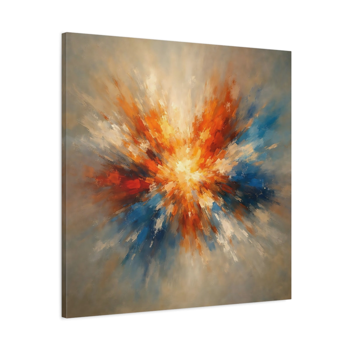 Side Mockup 3. Abstract Color Explosion Orange And Blue Explosion shown as stretched canvas wall art