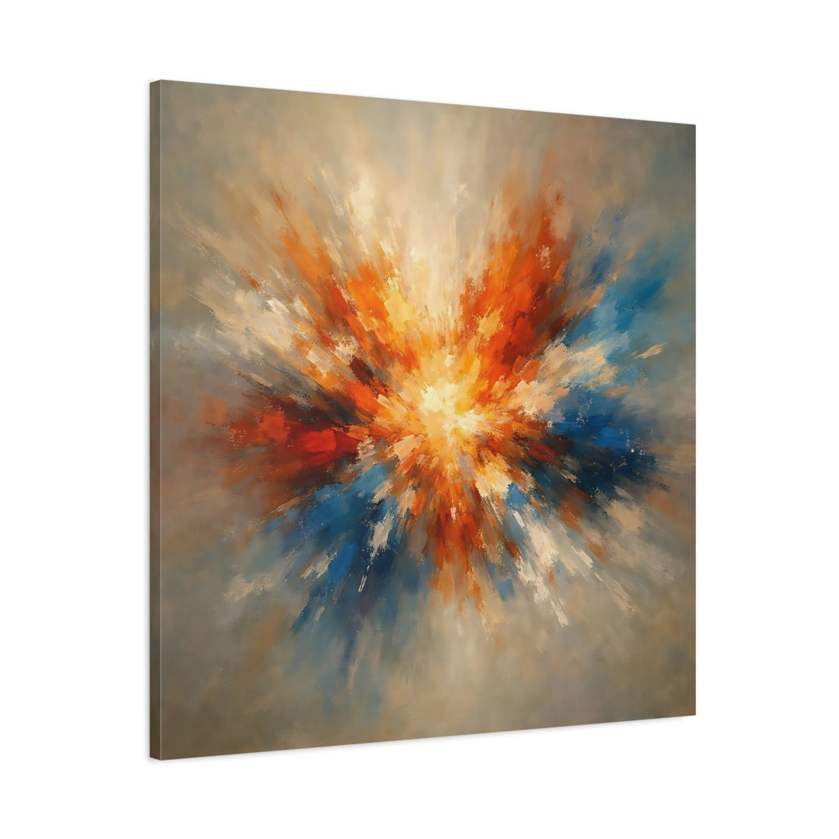 Side Mockup 2. Abstract Color Explosion Orange And Blue Explosion shown as stretched canvas wall art