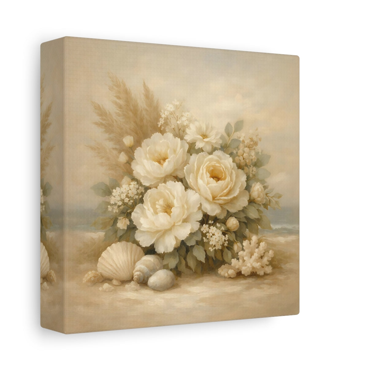 Side Mockup 1. Floral White Peonies Coastal Floral shown as stretched canvas wall art