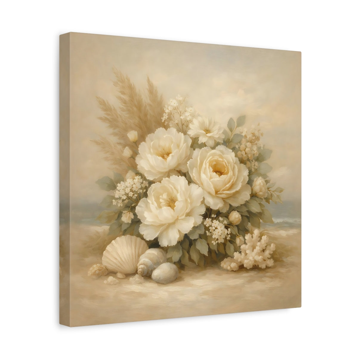 Side Mockup 7. Floral White Peonies Coastal Floral shown as stretched canvas wall art