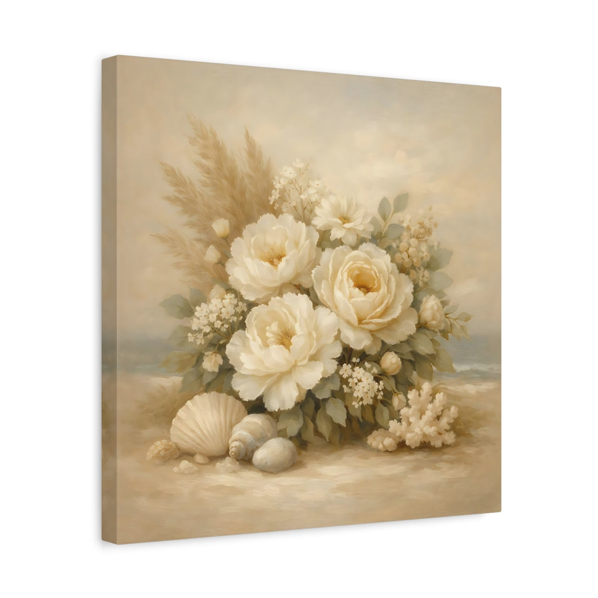 Side Mockup 6. Floral White Peonies Coastal Floral shown as stretched canvas wall art