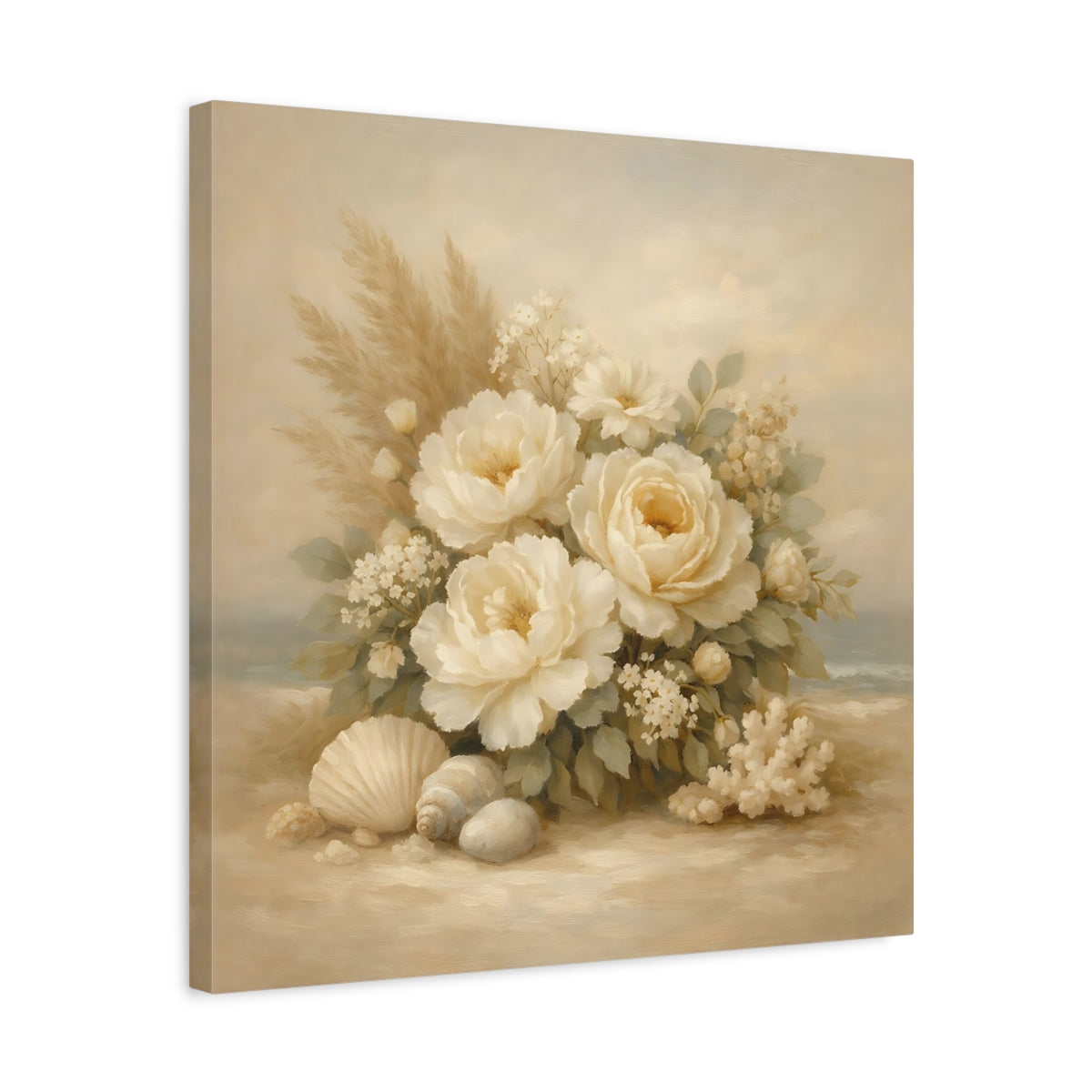 Side Mockup 5. Floral White Peonies Coastal Floral shown as stretched canvas wall art