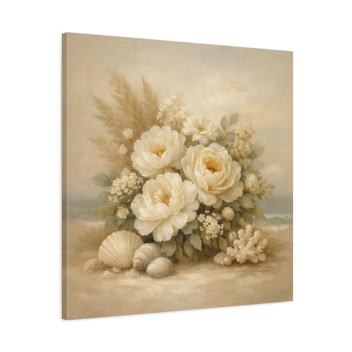 Side Mockup 3. Floral White Peonies Coastal Floral shown as stretched canvas wall art