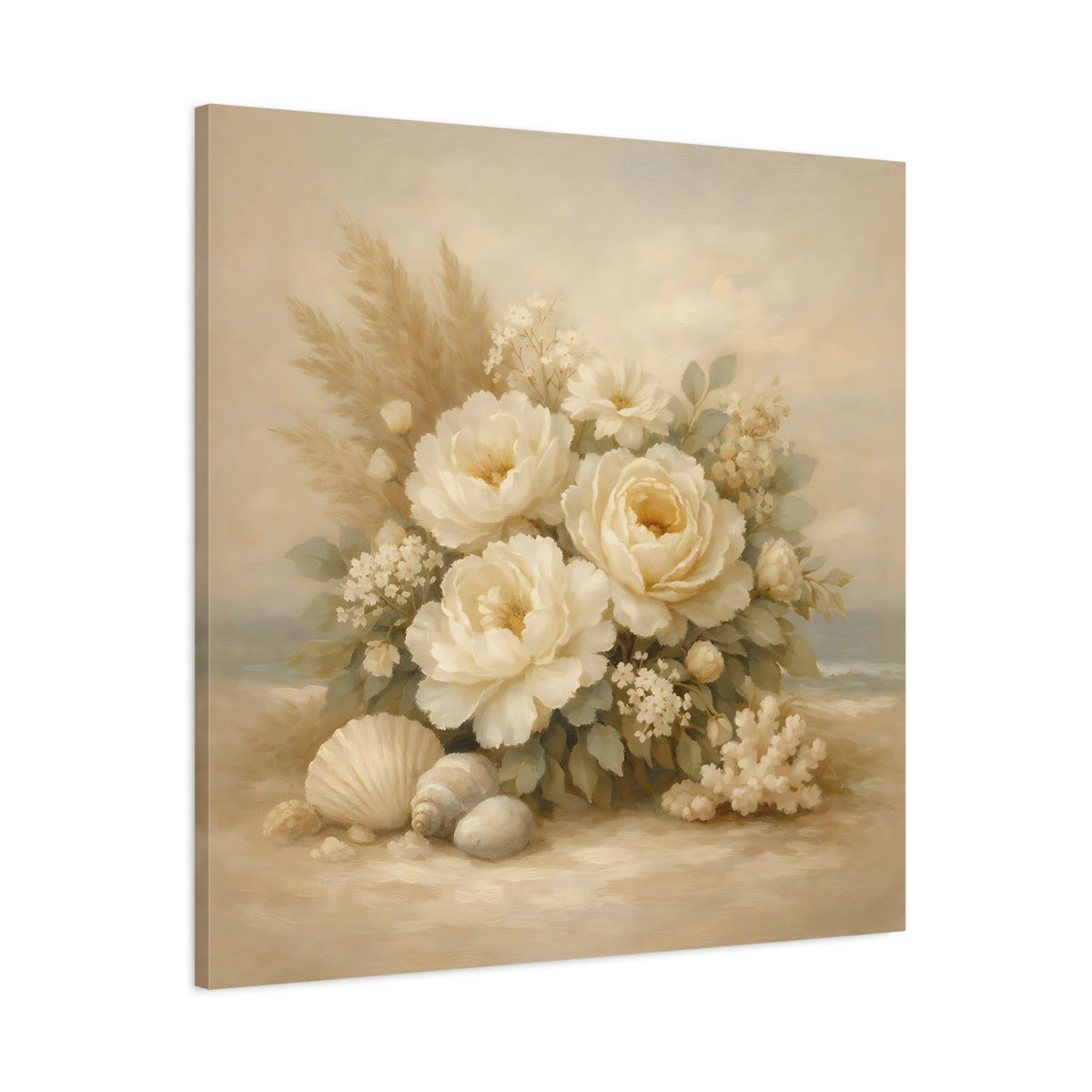 Side Mockup 2. Floral White Peonies Coastal Floral shown as stretched canvas wall art