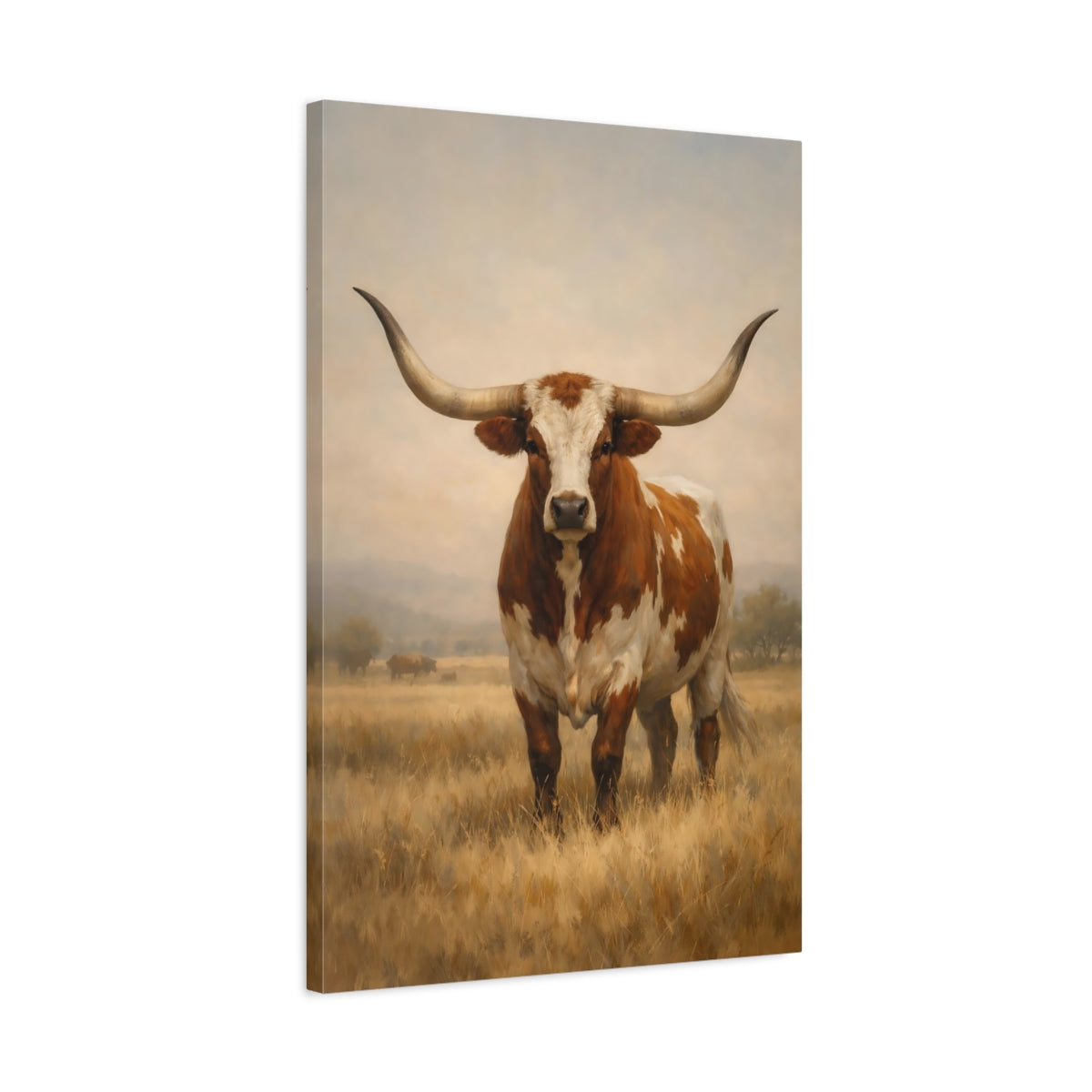 Side Mockup 2. Animals Longhorn Cattle Brown And White Longhorn shown as stretched canvas wall art