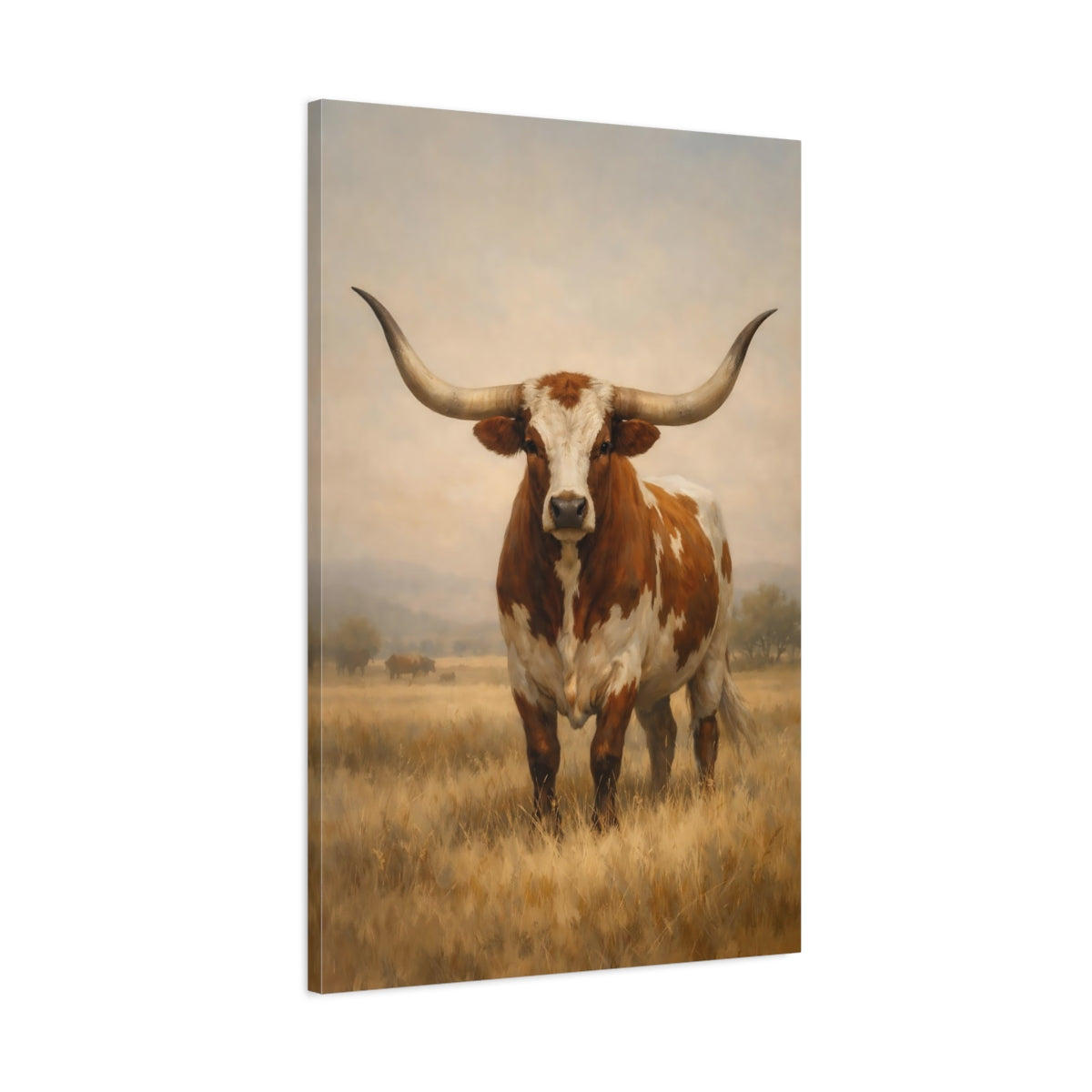 Side Mockup 1. Animals Longhorn Cattle Brown And White Longhorn shown as stretched canvas wall art