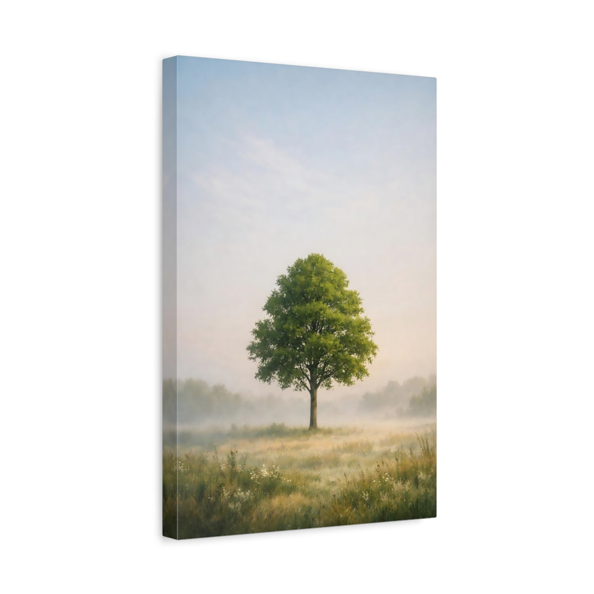 Side Mockup 4. Nature Solitary Tree Misty Landscape shown as stretched canvas wall art