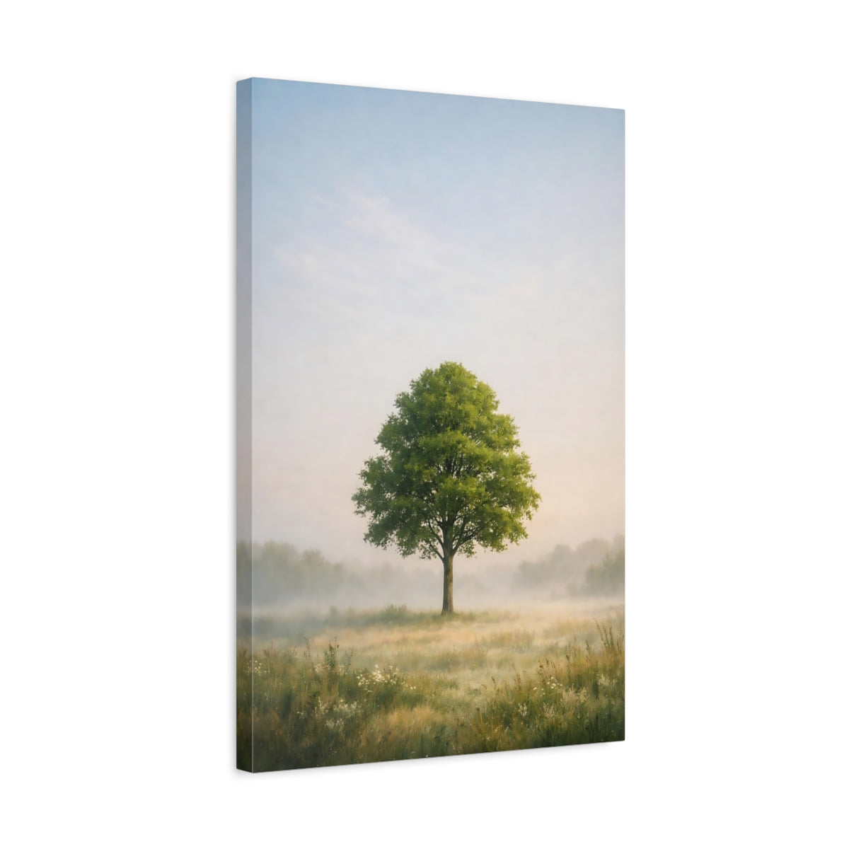 Side Mockup 3. Nature Solitary Tree Misty Landscape shown as stretched canvas wall art