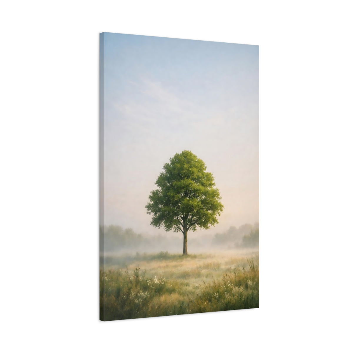 Side Mockup 1. Nature Solitary Tree Misty Landscape shown as stretched canvas wall art