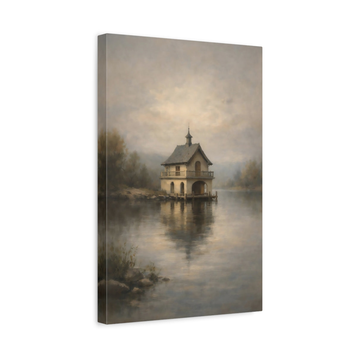 Side Mockup 4. Nature Boathouse Misty Boathouse shown as stretched canvas wall art