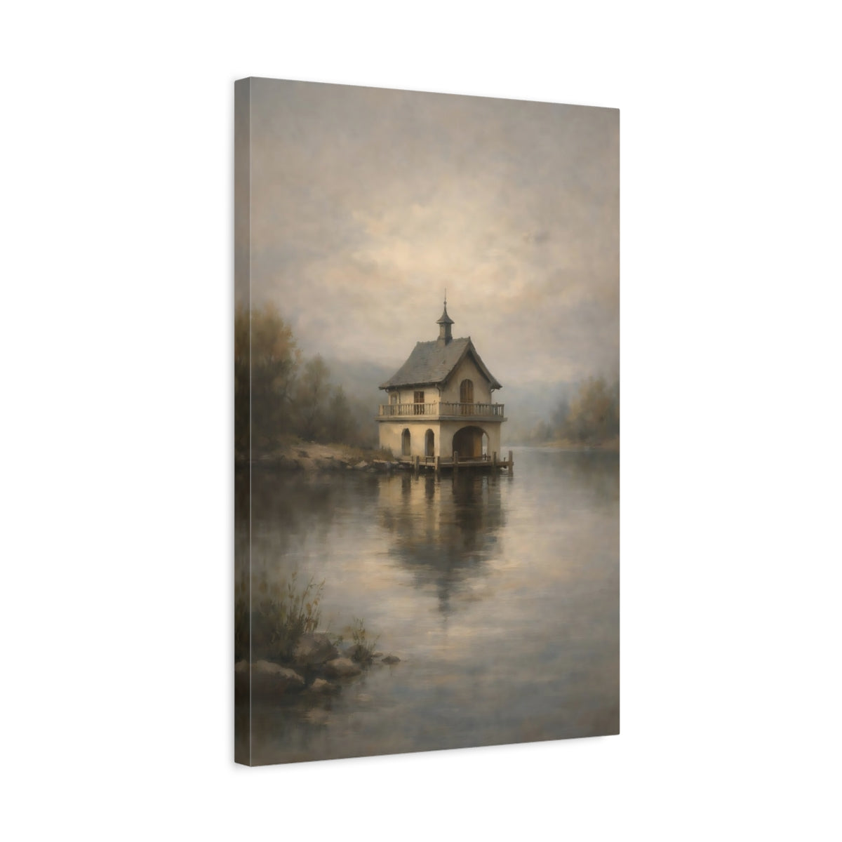 Side Mockup 3. Nature Boathouse Misty Boathouse shown as stretched canvas wall art
