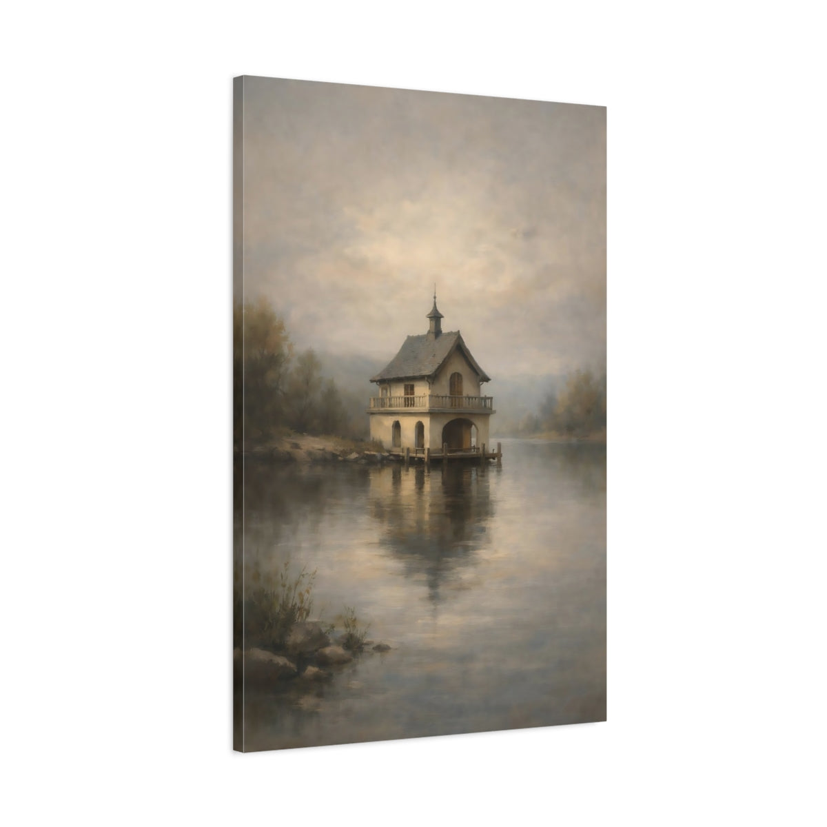Side Mockup 1. Nature Boathouse Misty Boathouse shown as stretched canvas wall art