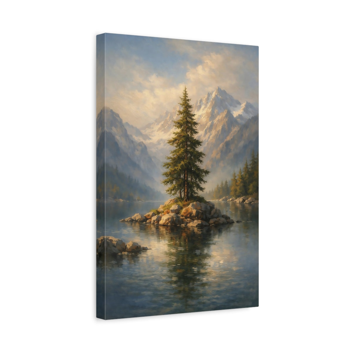 Side Mockup 4. Nature Pine Tree Green Blue Landscape shown as stretched canvas wall art