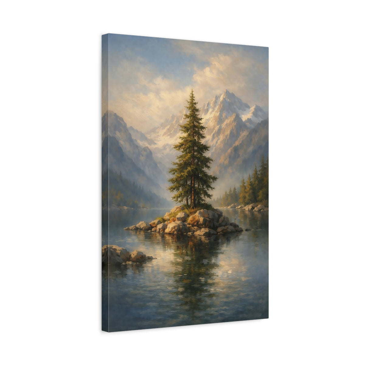 Side Mockup 3. Nature Pine Tree Green Blue Landscape shown as stretched canvas wall art