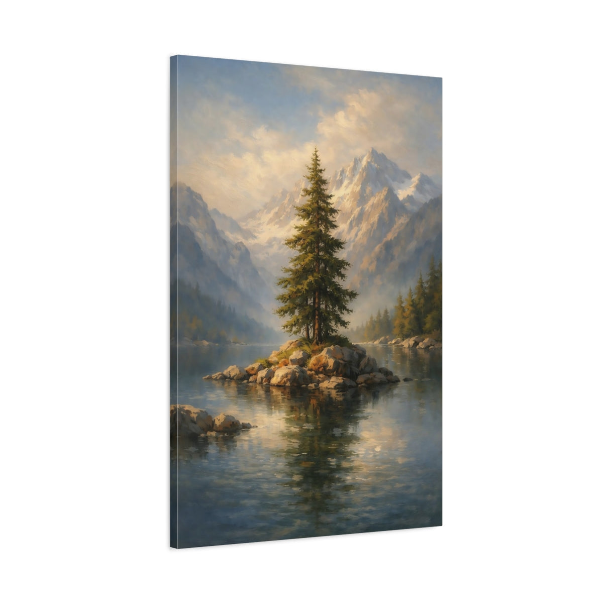 Side Mockup 1. Nature Pine Tree Green Blue Landscape shown as stretched canvas wall art